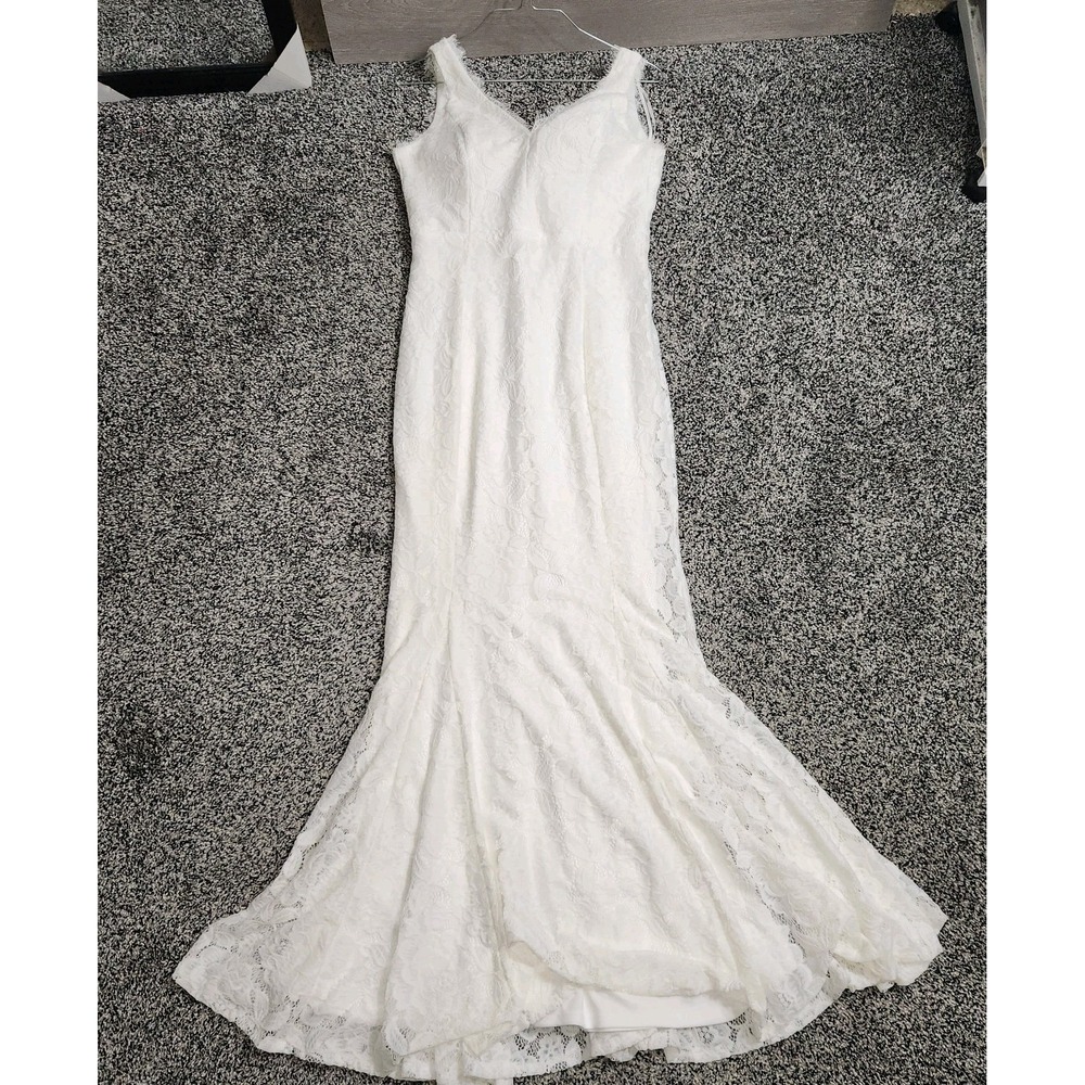 Lulus White Lace V Neck Fit N Flare Memermaid Wedding Dress Style# IDE76196 Nwt - Picture 3 of 14